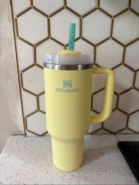 Stanley Pale Yellow Travel Mug with Teal Straw